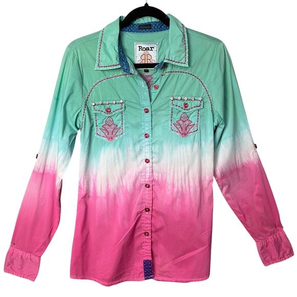 Roar Women's Button Up Shirt Pink Green Ombre' Rhinestone Embroidered Size M - Picture 2 of 12